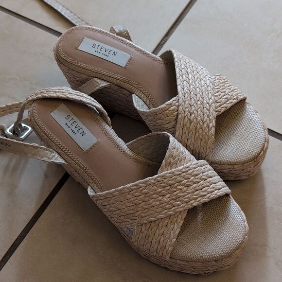 SOLD NEW Steven New York Ramey Raffia Platform Sandal Cream White Size 7.5 - Picture 6 of 12